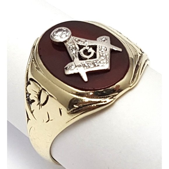 Vintage 14K Solid Two Tone Multi Color Gold Cornelian Masonic Diamond Ring - Picture 9 of 16